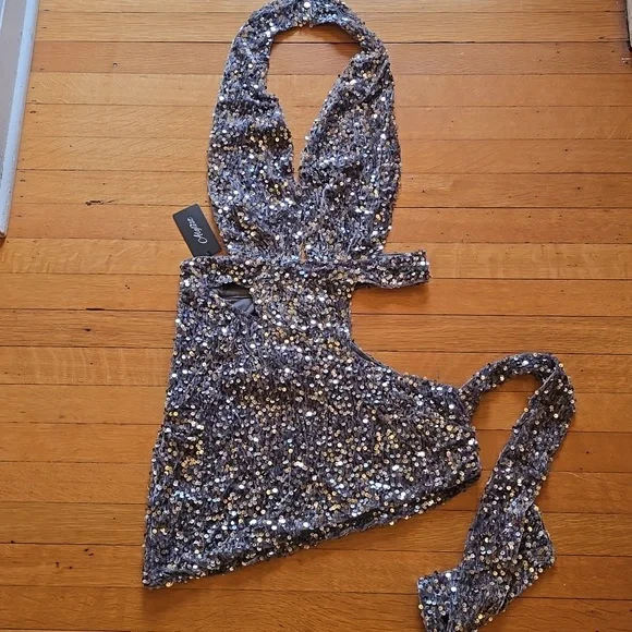 NWT, Alglist, Sequin, Cut-Out, Halter, Mini Dress, Silver, Women's S - Picture 5 of 16